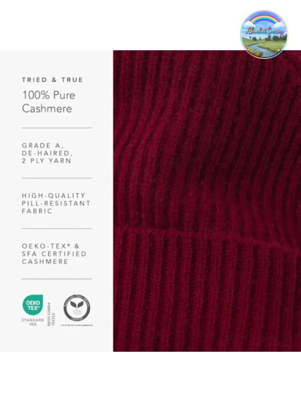 100% Cashmere Cuffed Beanie, Rib Knit Skull Cap, Stretchy & Adjustable